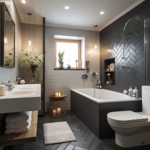 a renovated bathroom with a bathtub, toilet, and sink